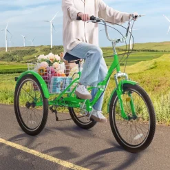 VEVOR Folding Adult Tricycle, 24-Inch 7-Speed Adult Folding Trikes, Carbon Steel 3 Wheel Cruiser Bike with Basket & Adjustable Seat, Shopping Picnic Foldable Tricycles for Women, Men, Seniors (Green)