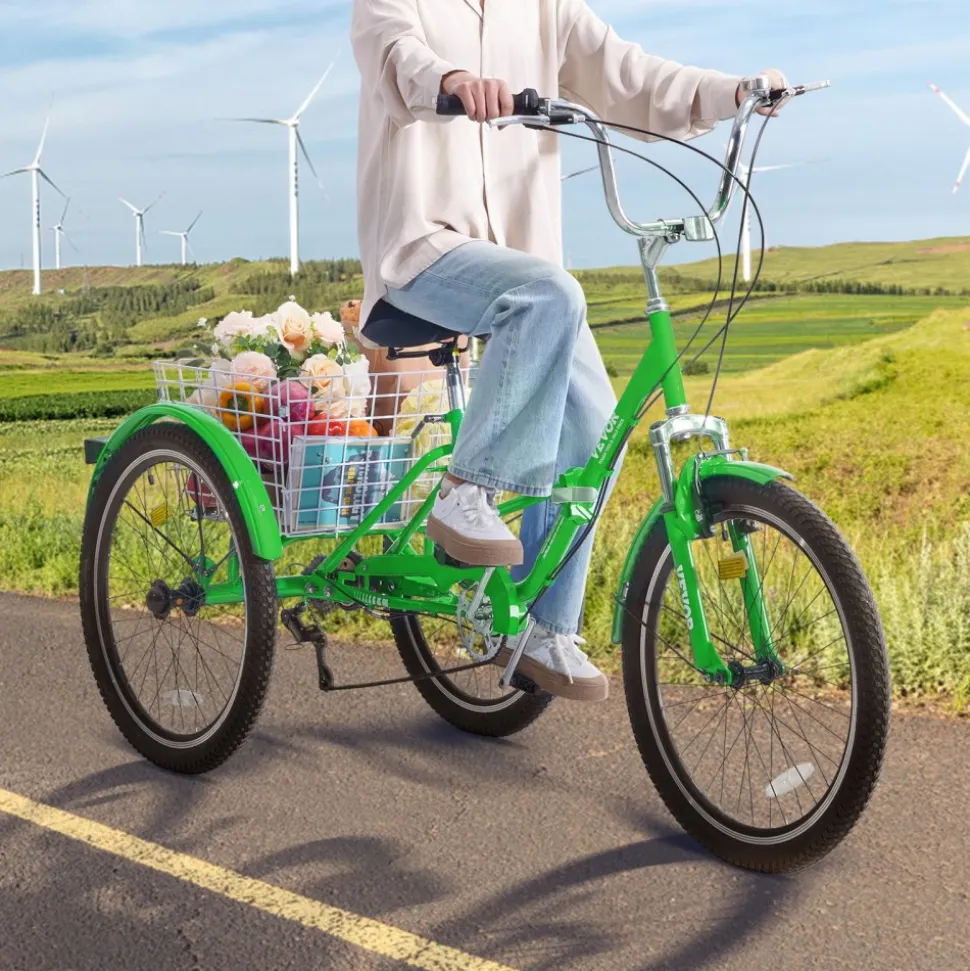 VEVOR Folding Adult Tricycle, 24-Inch 7-Speed Adult Folding Trikes, Carbon Steel 3 Wheel Cruiser Bike with Basket & Adjustable Seat, Shopping Picnic Foldable Tricycles for Women, Men, Seniors (Green)