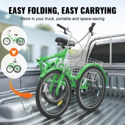 VEVOR Folding Adult Tricycle, 24-Inch 7-Speed Adult Folding Trikes, Carbon Steel 3 Wheel Cruiser Bike with Basket & Adjustable Seat, Shopping Picnic Foldable Tricycles for Women, Men, Seniors (Green)