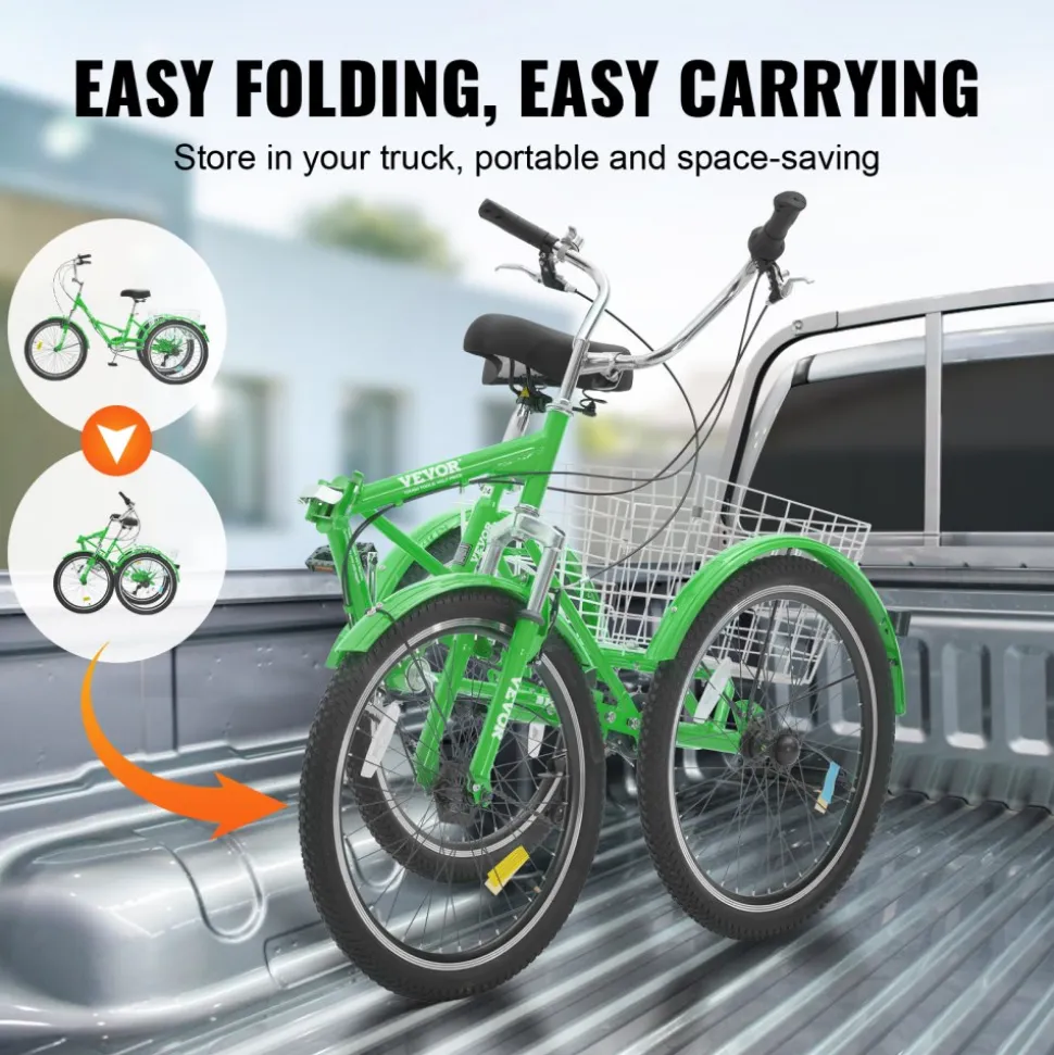 VEVOR Folding Adult Tricycle, 24-Inch 7-Speed Adult Folding Trikes, Carbon Steel 3 Wheel Cruiser Bike with Basket & Adjustable Seat, Shopping Picnic Foldable Tricycles for Women, Men, Seniors (Green)