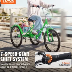 VEVOR Folding Adult Tricycle, 24-Inch 7-Speed Adult Folding Trikes, Carbon Steel 3 Wheel Cruiser Bike with Basket & Adjustable Seat, Shopping Picnic Foldable Tricycles for Women, Men, Seniors (Green)