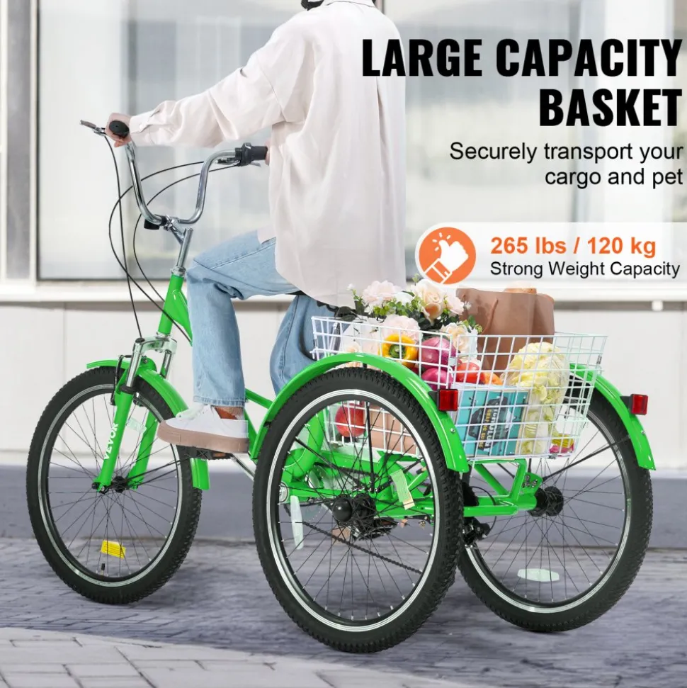 VEVOR Folding Adult Tricycle, 24-Inch 7-Speed Adult Folding Trikes, Carbon Steel 3 Wheel Cruiser Bike with Basket & Adjustable Seat, Shopping Picnic Foldable Tricycles for Women, Men, Seniors (Green)