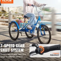 VEVOR Folding Adult Tricycle, 24-Inch 7-Speed Adult Folding Trikes, Carbon Steel 3 Wheel Cruiser Bike with Basket & Adjustable Seat, Shopping Picnic Foldable Tricycles for Women, Men, Seniors (Blue)