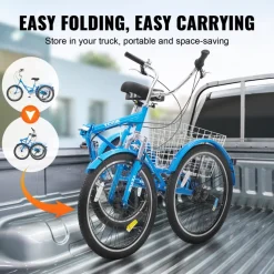 VEVOR Folding Adult Tricycle, 24-Inch 7-Speed Adult Folding Trikes, Carbon Steel 3 Wheel Cruiser Bike with Basket & Adjustable Seat, Shopping Picnic Foldable Tricycles for Women, Men, Seniors (Blue)