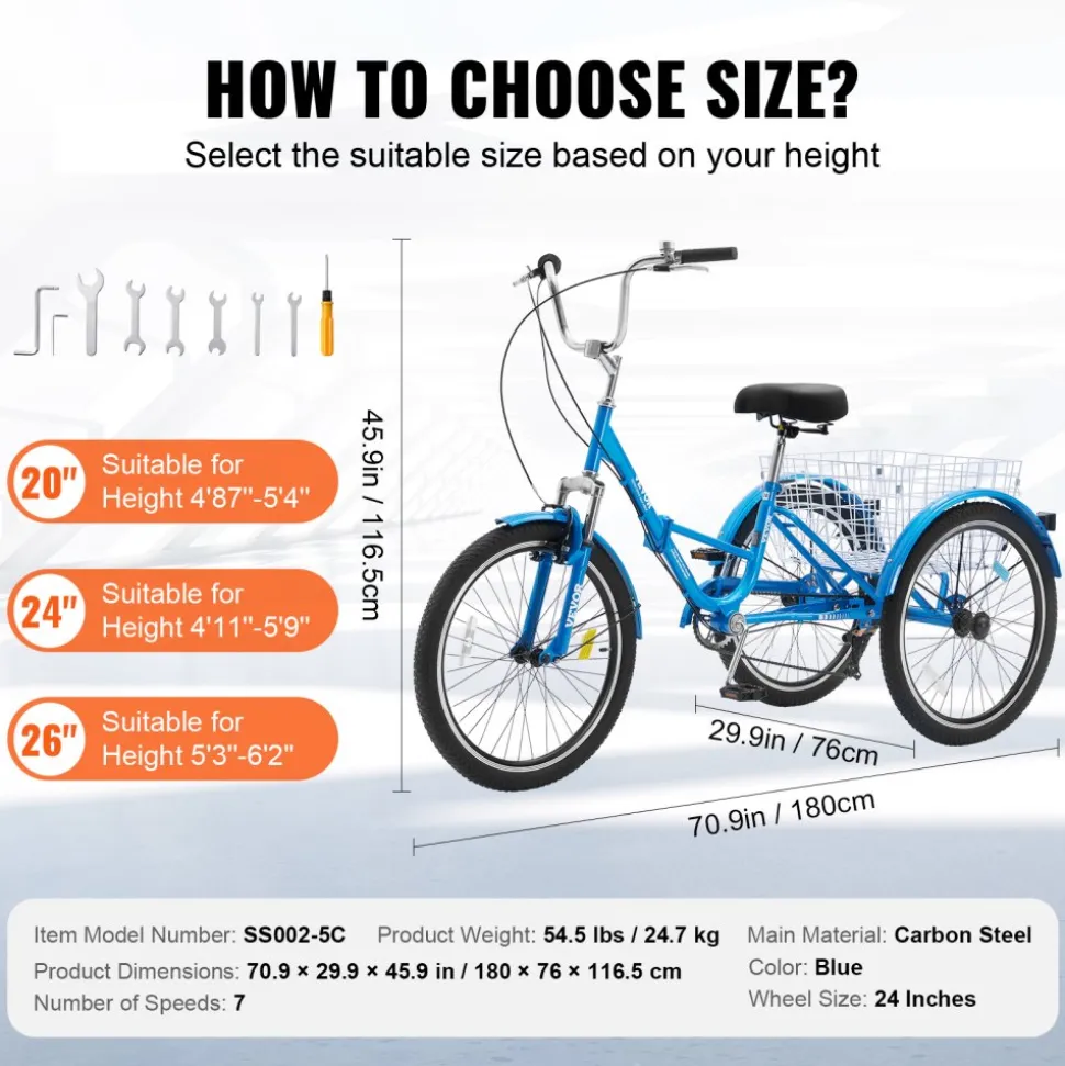 VEVOR Folding Adult Tricycle, 24-Inch 7-Speed Adult Folding Trikes, Carbon Steel 3 Wheel Cruiser Bike with Basket & Adjustable Seat, Shopping Picnic Foldable Tricycles for Women, Men, Seniors (Blue)