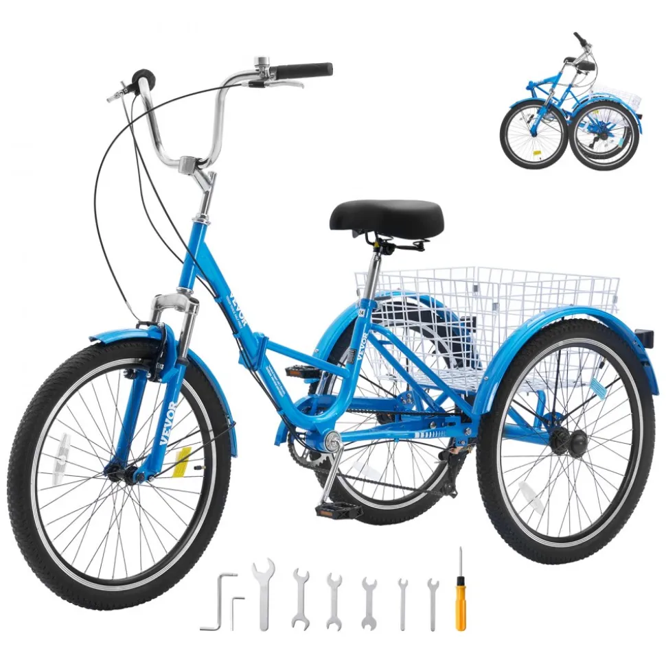 VEVOR Folding Adult Tricycle, 24-Inch 7-Speed Adult Folding Trikes, Carbon Steel 3 Wheel Cruiser Bike with Basket & Adjustable Seat, Shopping Picnic Foldable Tricycles for Women, Men, Seniors (Blue)
