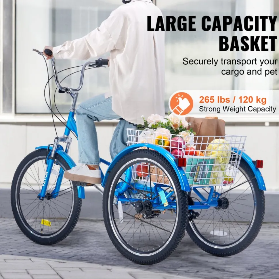 VEVOR Folding Adult Tricycle, 24-Inch 7-Speed Adult Folding Trikes, Carbon Steel 3 Wheel Cruiser Bike with Basket & Adjustable Seat, Shopping Picnic Foldable Tricycles for Women, Men, Seniors (Blue)