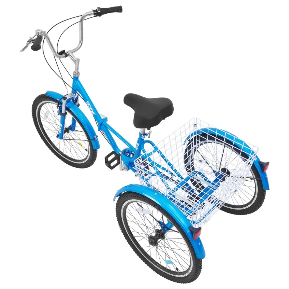 VEVOR Folding Adult Tricycle, 24-Inch 7-Speed Adult Folding Trikes, Carbon Steel 3 Wheel Cruiser Bike with Basket & Adjustable Seat, Shopping Picnic Foldable Tricycles for Women, Men, Seniors (Blue)
