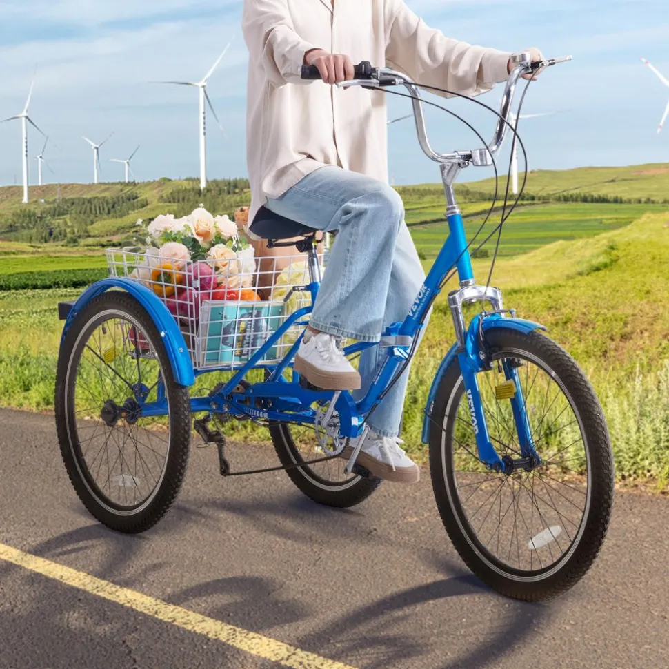 VEVOR Folding Adult Tricycle, 24-Inch Adult Folding Trikes, Carbon Steel 3 Wheel Cruiser Bike with Large Basket & Adjustable Seat, Shopping Picnic Foldable Tricycles for Women, Men, Seniors (Blue)