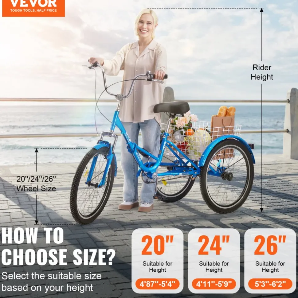 VEVOR Folding Adult Tricycle, 24-Inch Adult Folding Trikes, Carbon Steel 3 Wheel Cruiser Bike with Large Basket & Adjustable Seat, Shopping Picnic Foldable Tricycles for Women, Men, Seniors (Blue)