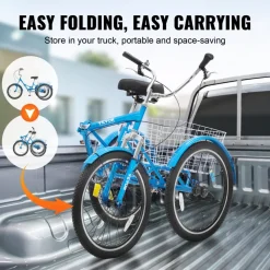 VEVOR Folding Adult Tricycle, 24-Inch Adult Folding Trikes, Carbon Steel 3 Wheel Cruiser Bike with Large Basket & Adjustable Seat, Shopping Picnic Foldable Tricycles for Women, Men, Seniors (Blue)