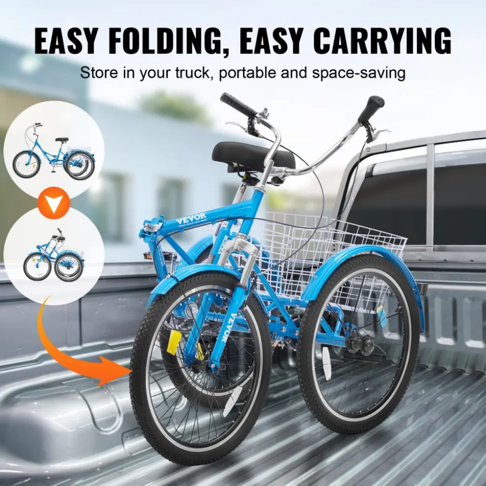 VEVOR Folding Adult Tricycle, 24-Inch Adult Folding Trikes, Carbon Steel 3 Wheel Cruiser Bike with Large Basket & Adjustable Seat, Shopping Picnic Foldable Tricycles for Women, Men, Seniors (Blue)