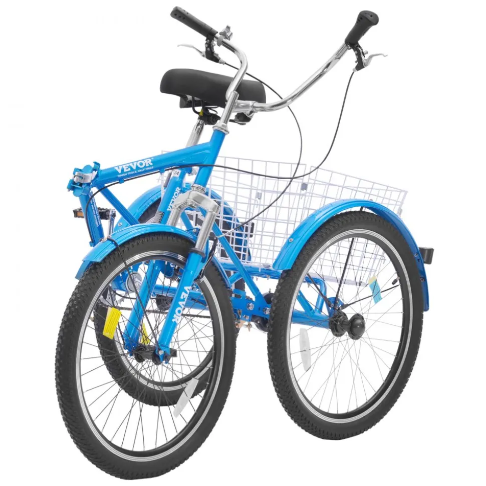 VEVOR Folding Adult Tricycle, 24-Inch Adult Folding Trikes, Carbon Steel 3 Wheel Cruiser Bike with Large Basket & Adjustable Seat, Shopping Picnic Foldable Tricycles for Women, Men, Seniors (Blue)