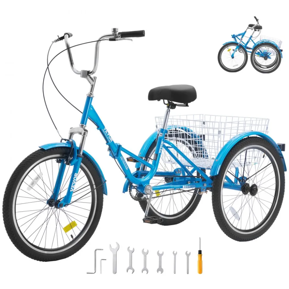 VEVOR Folding Adult Tricycle, 24-Inch Adult Folding Trikes, Carbon Steel 3 Wheel Cruiser Bike with Large Basket & Adjustable Seat, Shopping Picnic Foldable Tricycles for Women, Men, Seniors (Blue)