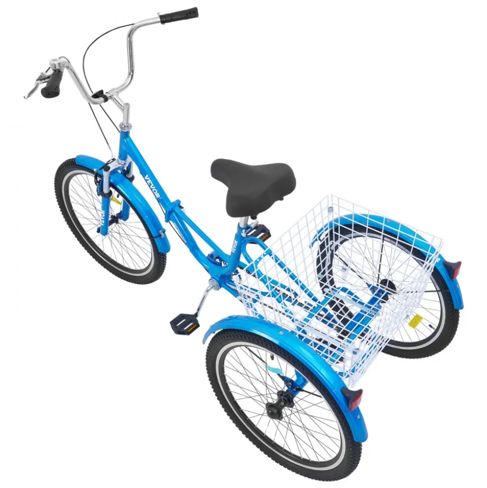 VEVOR Folding Adult Tricycle, 24-Inch Adult Folding Trikes, Carbon Steel 3 Wheel Cruiser Bike with Large Basket & Adjustable Seat, Shopping Picnic Foldable Tricycles for Women, Men, Seniors (Blue)
