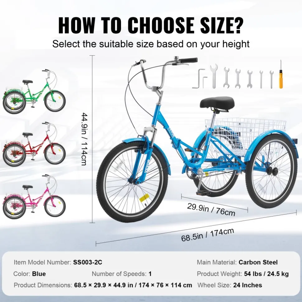 VEVOR Folding Adult Tricycle, 24-Inch Adult Folding Trikes, Carbon Steel 3 Wheel Cruiser Bike with Large Basket & Adjustable Seat, Shopping Picnic Foldable Tricycles for Women, Men, Seniors (Blue)