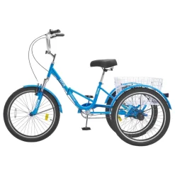 VEVOR Folding Adult Tricycle, 24-Inch Adult Folding Trikes, Carbon Steel 3 Wheel Cruiser Bike with Large Basket & Adjustable Seat, Shopping Picnic Foldable Tricycles for Women, Men, Seniors (Blue)