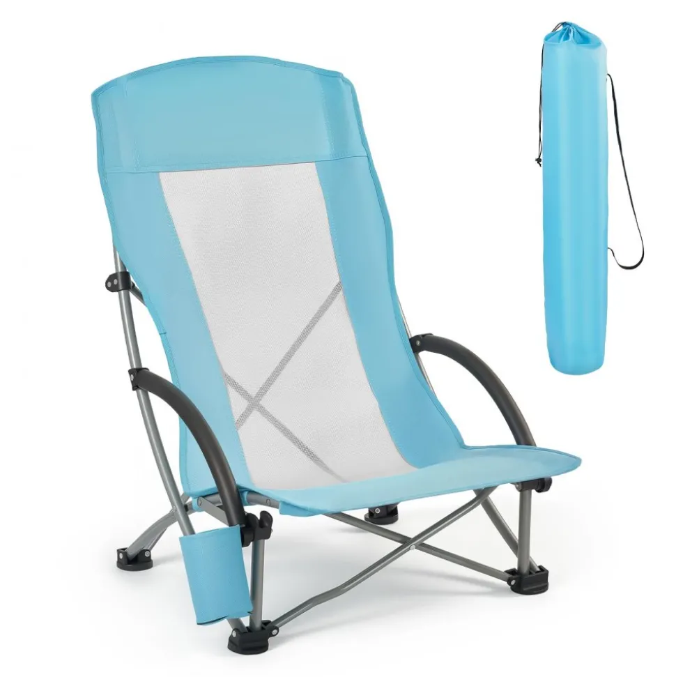 VEVOR Folding Beach Chair, High Back Camping Chairs for Adults, with Cup Pocket, Mesh Back, Carry Bag, Portable Extra Wide Seat Chair 330 lbs Heavy Duty Support, for Outdoor, Camp, Light Blue