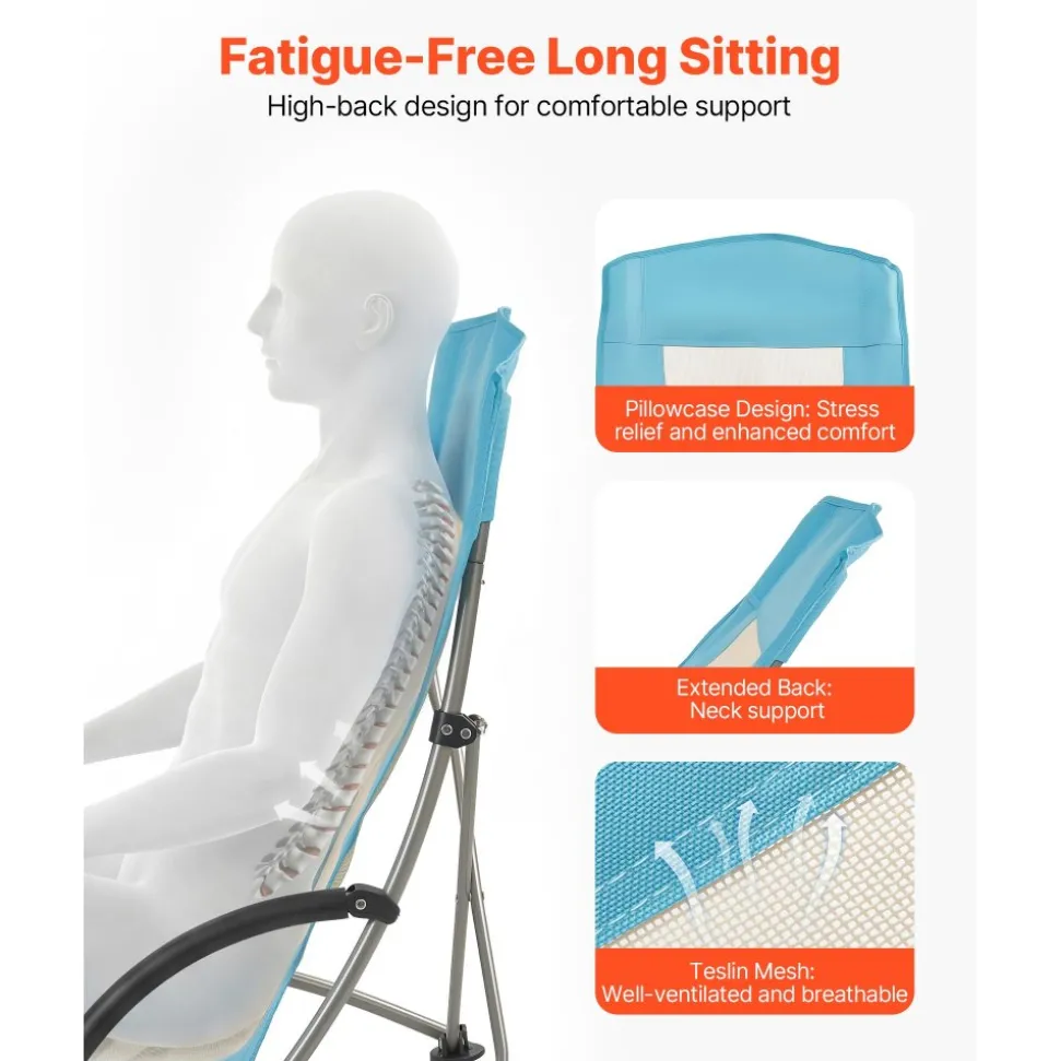 VEVOR Folding Beach Chair, High Back Camping Chairs for Adults, with Cup Pocket, Mesh Back, Carry Bag, Portable Extra Wide Seat Chair 330 lbs Heavy Duty Support, for Outdoor, Camp, Light Blue
