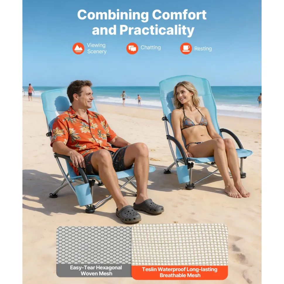 VEVOR Folding Beach Chair, High Back Camping Chairs for Adults, with Cup Pocket, Mesh Back, Carry Bag, Portable Extra Wide Seat Chair 330 lbs Heavy Duty Support, for Outdoor, Camp, Light Blue, 2 Pack