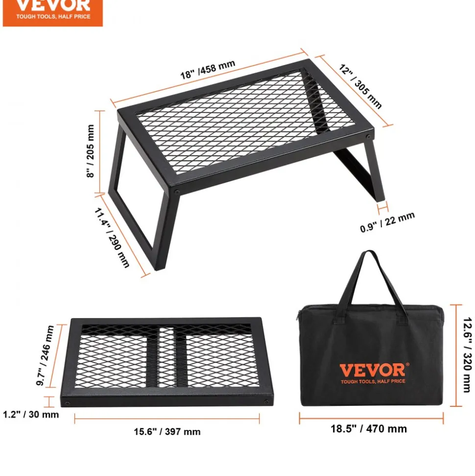 VEVOR Folding Campfire Grill, Heavy Duty Steel Mesh Grate, 18" Portable Camping Grates Over Fire Pit, Camp Fire Cooking Equipment with Legs Carrying Bag, Grilling Rack for Outdoor Open Flame Cooking