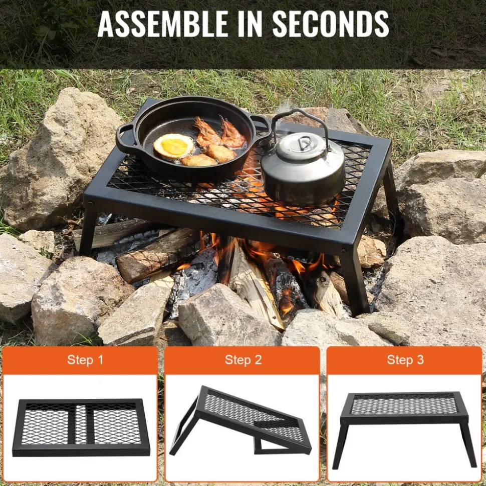VEVOR Folding Campfire Grill, Heavy Duty Steel Mesh Grate, 18" Portable Camping Grates Over Fire Pit, Camp Fire Cooking Equipment with Legs Carrying Bag, Grilling Rack for Outdoor Open Flame Cooking
