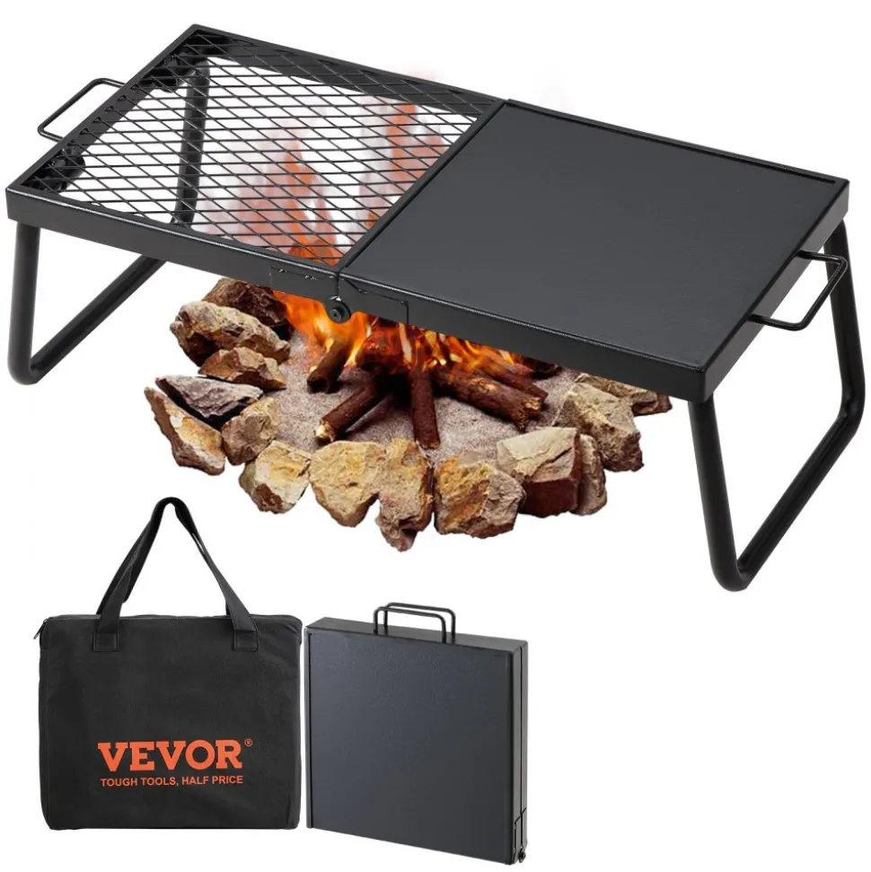 VEVOR Folding Campfire Grill, Heavy Duty Steel Mesh Grate, 22.4" Portable Camping Grates Over Fire Pit, Camp Fire Cooking Equipment with Legs Carrying Bag, Grilling Rack for Outdoor Open Flame Cooking
