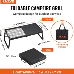 VEVOR Folding Campfire Grill, Heavy Duty Steel Mesh Grate, 22.4