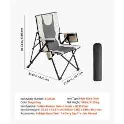 VEVOR Folding Camping Chair, 3 Reclining Positions, Outdoor High Back Camping Chair, 260lbs Weight Capacity, Full Padded Beach Chairs with Armrest & Headrest, Portable Lawn Chairs for Sports Travel