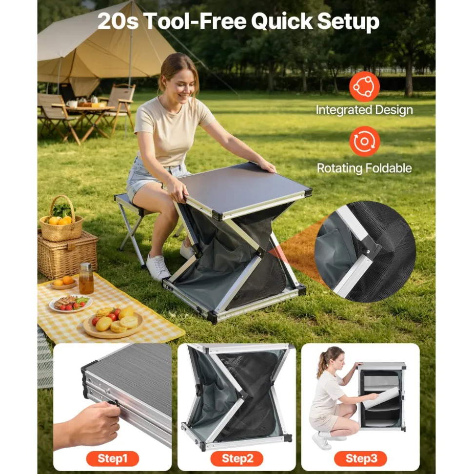 VEVOR Folding Camping Storage Cabinet, Outdoor Portable Aluminum Lightweight Table, Quick Set-up Compact Kitchen Cook Station, with 3 Shelves and Carry Bag, for Picnic, BBQ, Camping, RV Traveling