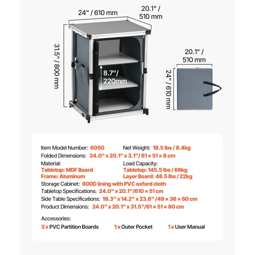 VEVOR Folding Camping Storage Cabinet, Outdoor Portable Aluminum Lightweight Table, Quick Set-up Compact Kitchen Cook Station, with 3 Shelves and Carry Bag, for Picnic, BBQ, Camping, RV Traveling
