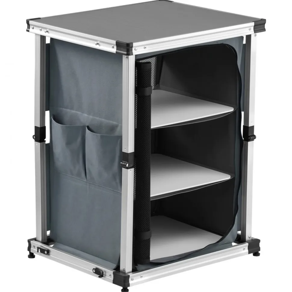 VEVOR Folding Camping Storage Cabinet, Outdoor Portable Aluminum Lightweight Table, Quick Set-up Compact Kitchen Cook Station, with 3 Shelves and Carry Bag, for Picnic, BBQ, Camping, RV Traveling