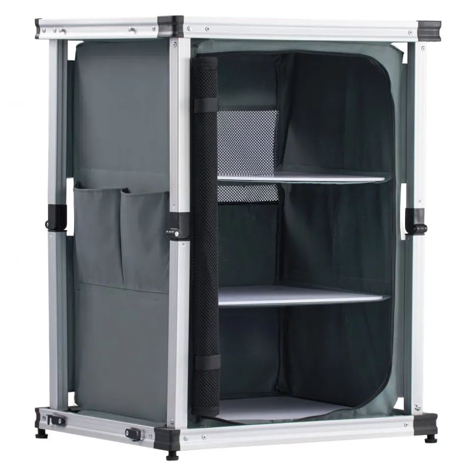 VEVOR Folding Camping Storage Cabinet, Outdoor Portable Aluminum Lightweight Table, Quick Set-up Compact Kitchen Cook Station, with 3 Shelves and Carry Bag, for Picnic, BBQ, Camping, RV Traveling