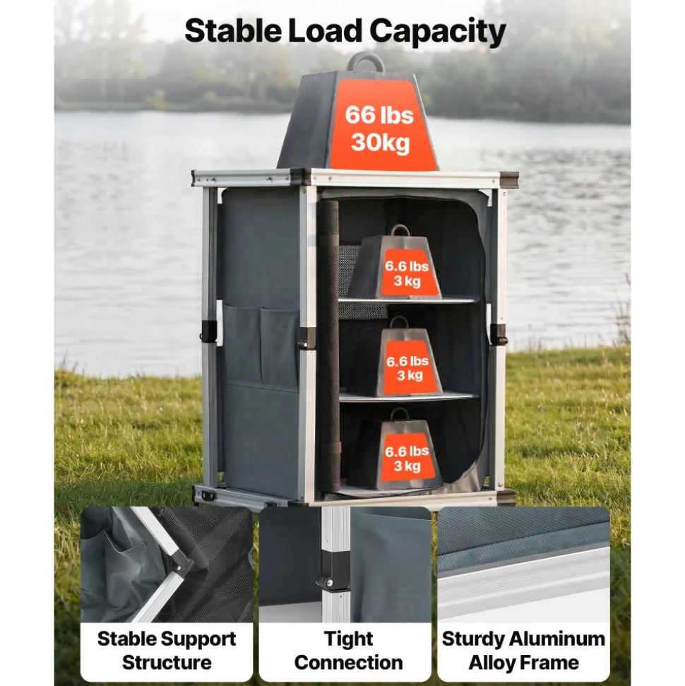 VEVOR Folding Camping Storage Cabinet, Outdoor Portable Aluminum Lightweight Table, Quick Set-up Compact Kitchen Cook Station, with 3 Shelves and Carry Bag, for Picnic, BBQ, Camping, RV Traveling