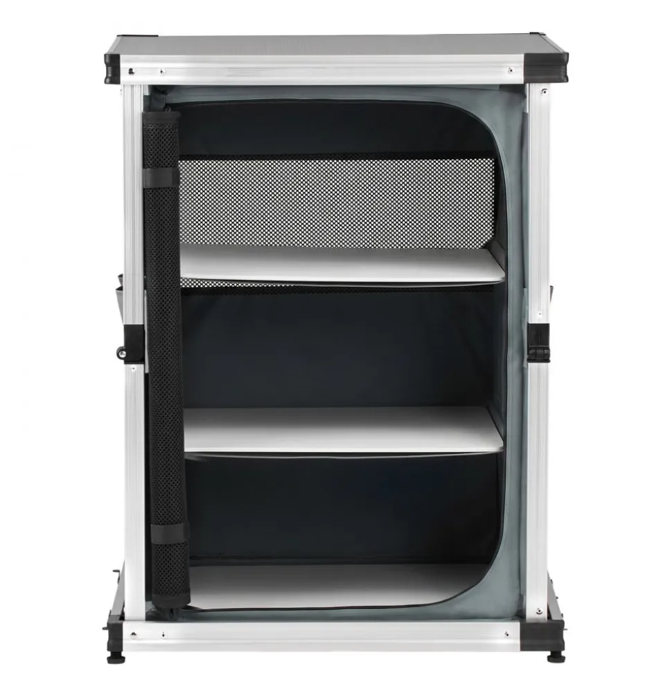 VEVOR Folding Camping Storage Cabinet, Outdoor Portable Aluminum Lightweight Table, Quick Set-up Compact Kitchen Cook Station, with 3 Shelves and Carry Bag, for Picnic, BBQ, Camping, RV Traveling