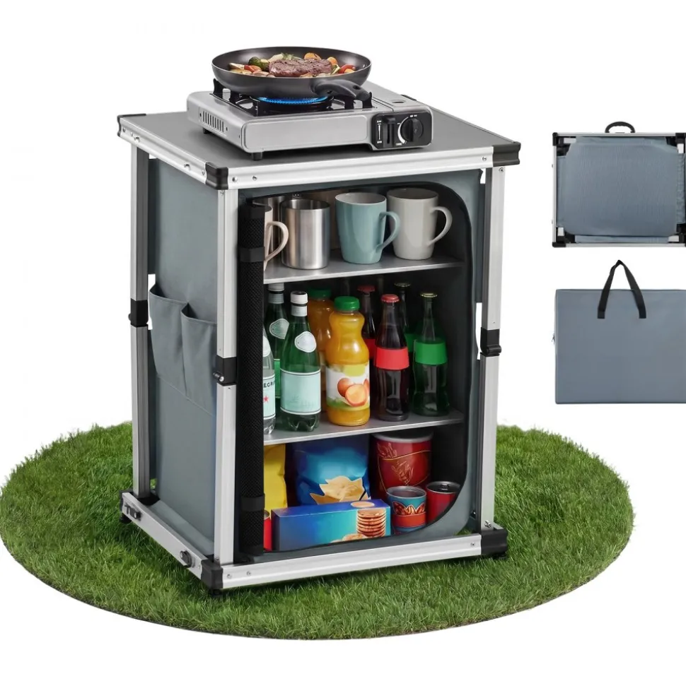 VEVOR Folding Camping Storage Cabinet, Outdoor Portable Aluminum Lightweight Table, Quick Set-up Compact Kitchen Cook Station, with 3 Shelves and Carry Bag, for Picnic, BBQ, Camping, RV Traveling