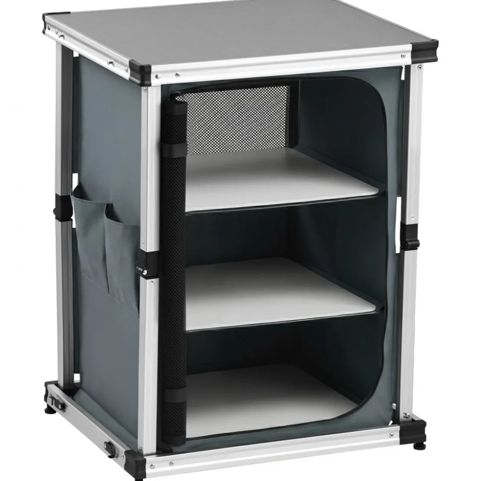 VEVOR Folding Camping Storage Cabinet, Outdoor Portable Aluminum Lightweight Table, Quick Set-up Compact Kitchen Cook Station, with 3 Shelves and Carry Bag, for Picnic, BBQ, Camping, RV Traveling