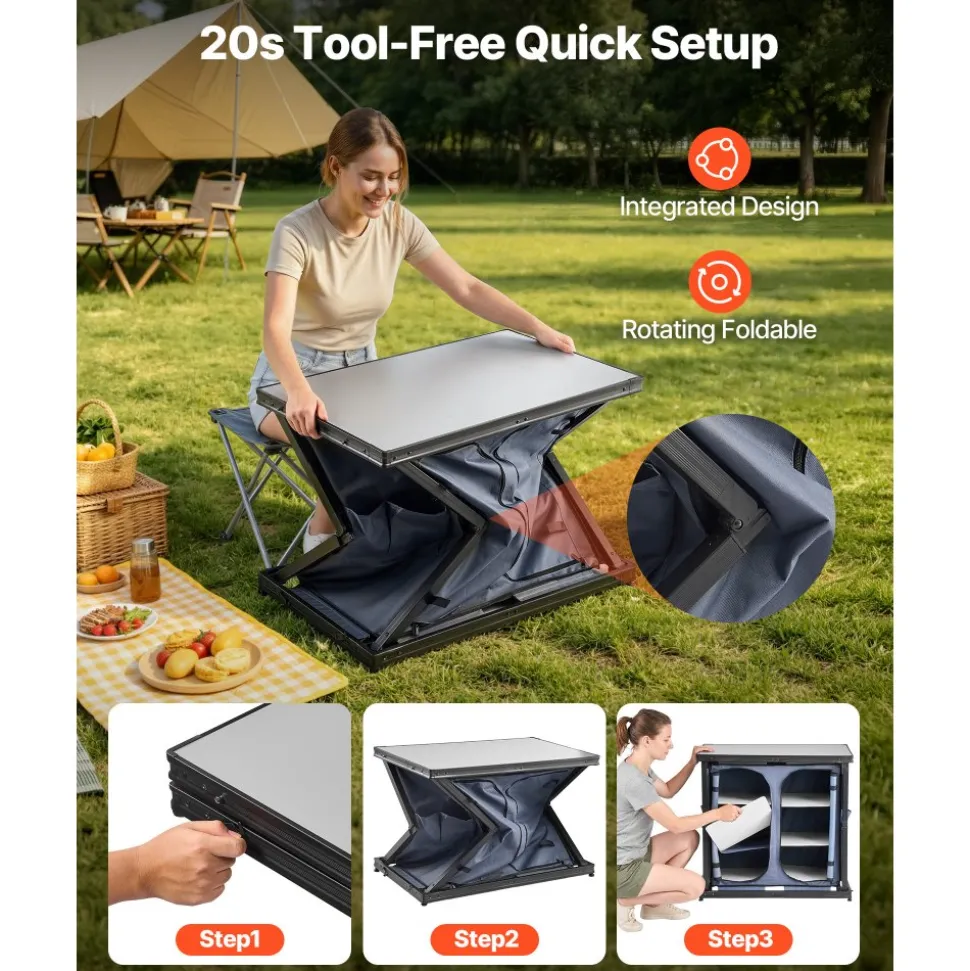 VEVOR Folding Camping Storage Cabinet, Outdoor Portable Aluminum Lightweight Table, Quick Set-up Compact Kitchen Cook Station, with 6 Shelves and Carry Bag, for Picnic, BBQ, Camping, RV Traveling
