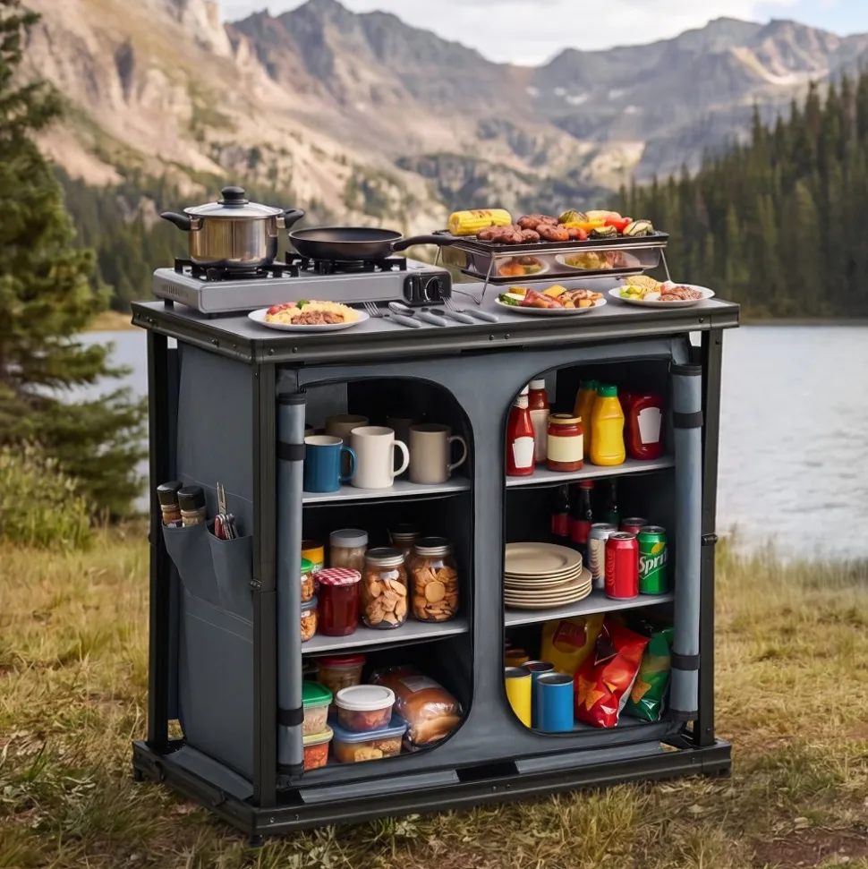 VEVOR Folding Camping Storage Cabinet, Outdoor Portable Aluminum Lightweight Table, Quick Set-up Compact Kitchen Cook Station, with 6 Shelves and Carry Bag, for Picnic, BBQ, Camping, RV Traveling
