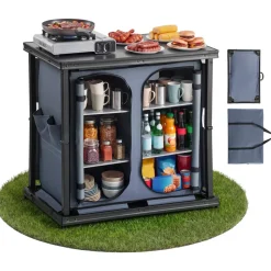 VEVOR Folding Camping Storage Cabinet, Outdoor Portable Aluminum Lightweight Table, Quick Set-up Compact Kitchen Cook Station, with 6 Shelves and Carry Bag, for Picnic, BBQ, Camping, RV Traveling