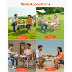 VEVOR Folding Camping Table, Adjustable Height Portable Side Tables, Aluminum MDF Beach Table with Mesh Layer, Carrying Handle, Lightweight Compact for Outdoor Picnic BBQ Cooking, 24x16in, Silver