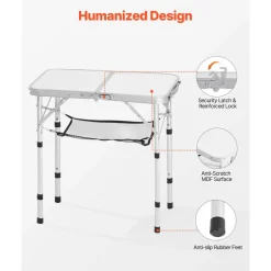 VEVOR Folding Camping Table, Adjustable Height Portable Side Tables, Aluminum MDF Beach Table with Mesh Layer, Carrying Handle, Lightweight Compact for Outdoor Picnic BBQ Cooking, 24x16in, Silver