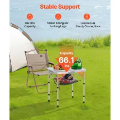VEVOR Folding Camping Table, Adjustable Height Portable Side Tables, Aluminum MDF Beach Table with Mesh Layer, Carrying Handle, Lightweight Compact for Outdoor Picnic BBQ Cooking, 24x16in, Silver