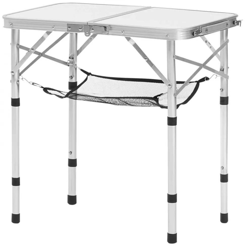 VEVOR Folding Camping Table, Adjustable Height Portable Side Tables, Aluminum MDF Beach Table with Mesh Layer, Carrying Handle, Lightweight Compact for Outdoor Picnic BBQ Cooking, 24x16in, Silver