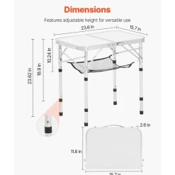 VEVOR Folding Camping Table, Adjustable Height Portable Side Tables, Aluminum MDF Beach Table with Mesh Layer, Carrying Handle, Lightweight Compact for Outdoor Picnic BBQ Cooking, 24x16in, Silver