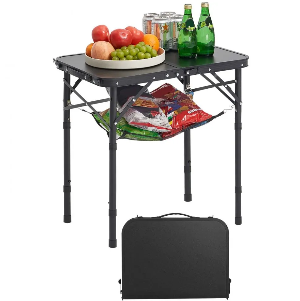VEVOR Folding Camping Table, Adjustable Height Portable Side Tables, Aluminum MDF Beach Table with Mesh Layer, Carrying Handle, Lightweight Compact for Outdoor Picnic BBQ Cooking, 24x16in, Black