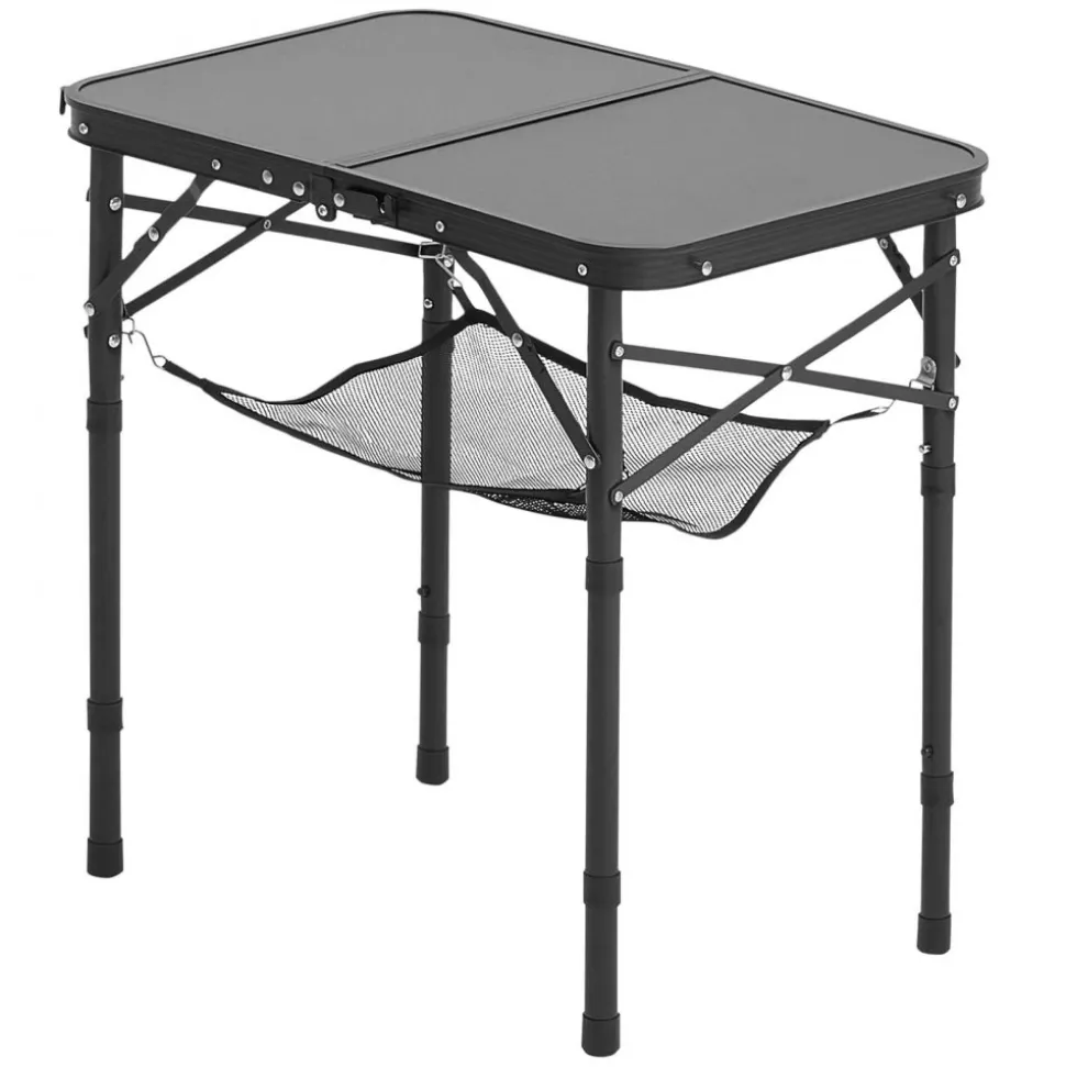 VEVOR Folding Camping Table, Adjustable Height Portable Side Tables, Aluminum MDF Beach Table with Mesh Layer, Carrying Handle, Lightweight Compact for Outdoor Picnic BBQ Cooking, 24x16in, Black