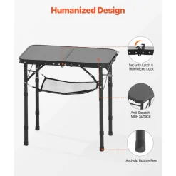 VEVOR Folding Camping Table, Adjustable Height Portable Side Tables, Aluminum MDF Beach Table with Mesh Layer, Carrying Handle, Lightweight Compact for Outdoor Picnic BBQ Cooking, 24x16in, Black