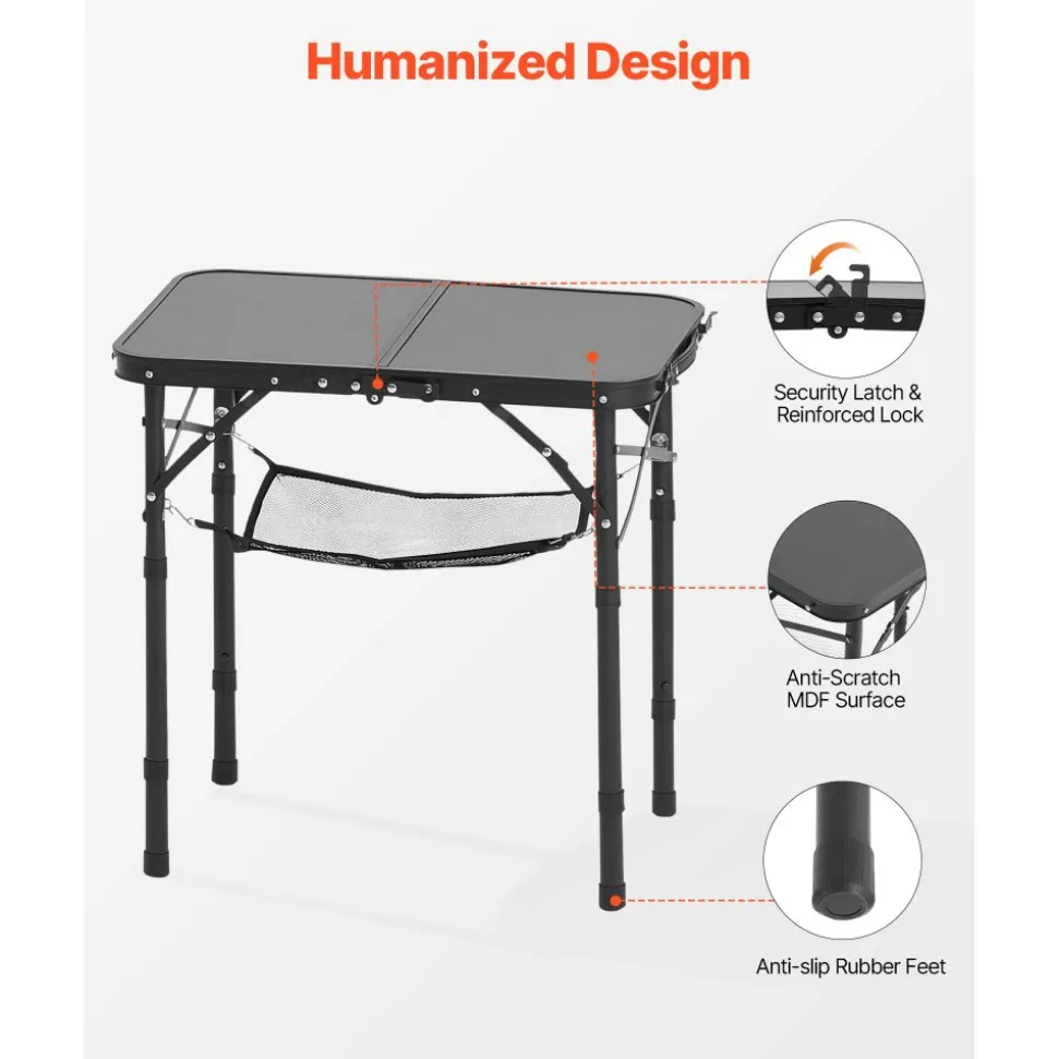 VEVOR Folding Camping Table, Adjustable Height Portable Side Tables, Aluminum MDF Beach Table with Mesh Layer, Carrying Handle, Lightweight Compact for Outdoor Picnic BBQ Cooking, 24x16in, Black