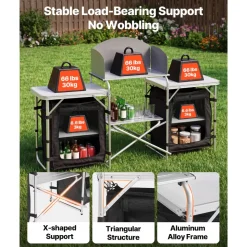 VEVOR Folding Camping Table, Outdoor Portable Aluminum Lightweight Table, Quick Set-up Kitchen Cook Station, with Storage Organizer, Detachable Windscreen, Carrying Bag, Ideal for Picnic BBQ Traveling